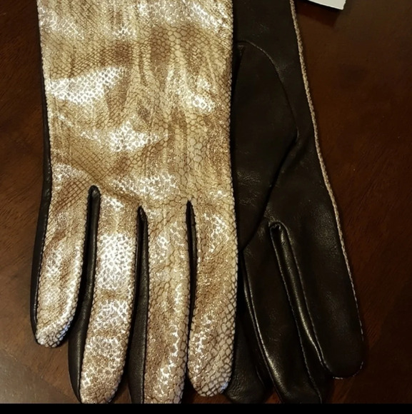 CHICO'S METALLIC EXOTIC LEATHER GLOVES BROWN/ GOLD -SZ. MED- LINED NWT - Picture 3 of 8